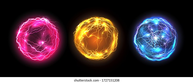 Energy balls and plasma sphere, vector electric lightning and light flash sparks. Magic lightning discharge, red pin, blue purple and golden yellow color realistic energy balls, electric light burst