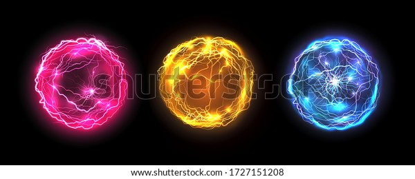 Energy balls and plasma sphere, vector electric\
lightning and light flash sparks. Magic lightning discharge, red\
pin, blue purple and golden yellow color realistic energy balls,\
electric light burst