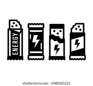 energy bar snack chocolate food meal protein icons symbol vector design black white color illustration collection set