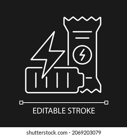 Die Energiebar weiß Linearsymbol für dunkles Thema. Natürlicher Proteinnack zum Training. Diätetische Produkte. Dünne, anpassbare Illustration. Einziges Vektorkontursymbol für den Nachtmodus. Bearbeitbarer Hub