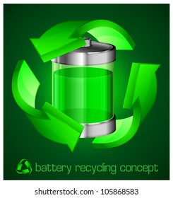 Energy battery with circle arrow on green with text, recycling concept, vector illustration