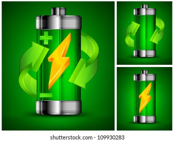 Energy battery with circle arrow on green, recycling concept, vector illustration