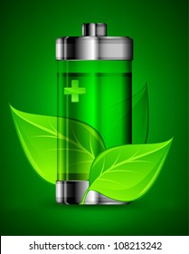 Energy battery with green leaves, ecology concept, vector illustration