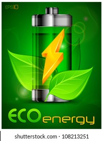 Energy battery with green leaves, ecology concept, vector illustration