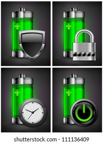 Energy battery icon with different symbol on green, recycling concept, vector illustration