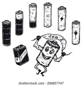 Energy And Battery icons Set/ Illustration of a set of doodle hand drawn battery and power energy icons