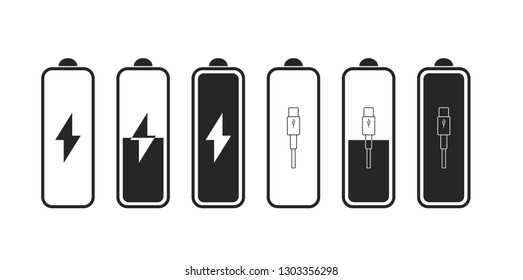 Energy Battery indicator icon with indicator, level of charge, USB. Vector Illustration. White background.