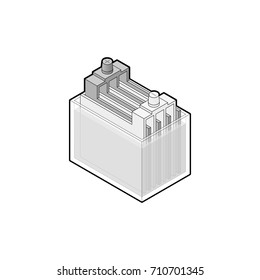 Lead–acid energy battery principle construction layout. Isometric outline monochrome isolated vector illustration.