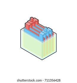 Lead–acid energy battery principle construction layout. Isometric outline isolated vector illustration.