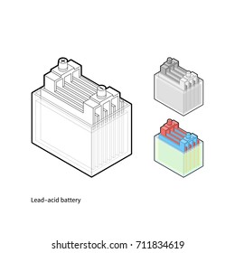 Lead–acid energy battery principle construction layout. Isometric outline isolated vector illustration.