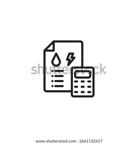Energy bill calculation icon. A document with water drop and lightning bolt symbols is next to a calculator, representing utility cost calculation.