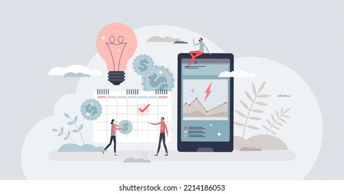 Energy bills control and monthly expenses calculation tiny person concept. Power consumption and budget measuring using smart app for electricity utility price vector illustration. Rising cost charge.