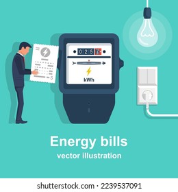 Energierechnungen. Mann, der Versorgungsleistungen zahlt. Konzept der Rechnung und Stromzähler. Stromrechnungen. Check for payment in hand. Flaches Vektorgrafik-Design. Einzeln auf Hintergrund.