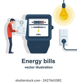 Energy bills. Man paying utilities. Concept of invoice and electricity meter. Electricity bills. Check for payment in hand. Vector illustration flat design. Isolated on background.