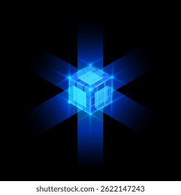 Blocos de energia com design de vetor de faixas de gradiente. Cubo de néon azul brilhante da grade quadrada. Alta tecnologia, rede de engenharia de computadores. Matriz de caixa de Big Data. Elemento AI HUD