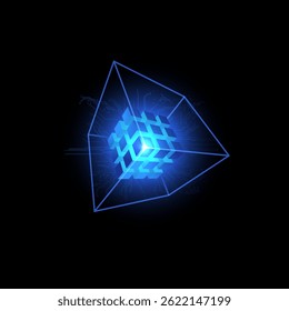 Blocos de energia com design vetorial de circuitos integrados. Cubo de néon azul brilhante da grade quadrada. Alta tecnologia, rede de engenharia de computadores. Matriz de caixa de Big Data. Elemento AI HUD