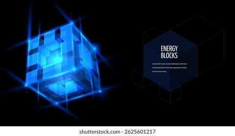 Energy blocks vector banner design. Shining big data blue neon cube high tech technology. Artificial Intelligence HUD element blur effect. Digital energy box. Computer engineer. Blockchain network