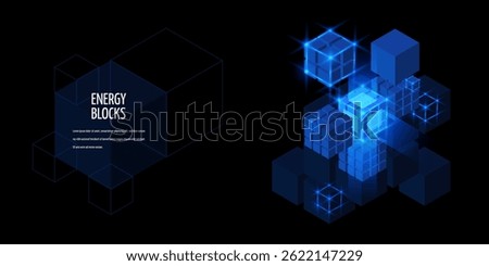 Energy blocks vector banner design. Shining big data neon cube high tech virtual technology. Artificial Intelligence HUD elements. Digital energy boxes network background. Computer engineer