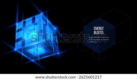 Energy blocks vector banner design. Shining big data blue neon cube high tech technology. Artificial Intelligence HUD element blur effect. Digital energy box. Computer engineer. Blockchain network