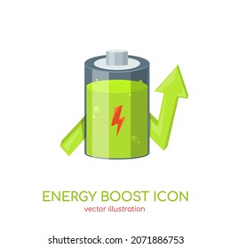 Energy boost icon with lightning. Power up, green battery accumulator charging process symbol. Force strength increase progress emblem. Vector illustration for mobile apps, web design.
