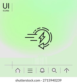 Icono de línea de impulso de energía con rayo y flecha circular. Un símbolo limpio que representa una rápida recuperación de energía, potencia y aceleración
