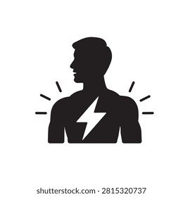 Energy boost vector icon in flat style featuring a human silhouette with lightning bolt symbol representing vitality, strength, power, wellness, stamina, metabolism and physical performance isolated on white background