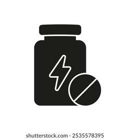 Energy Boosting Supplements Silhouette Icon. Supplement Bottle With Lightning Bolt And Pill Glyph Pictogram. Isolated Vector Illustration.