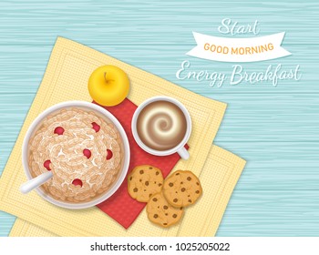 Energy Breakfast. Food, bakery,drink, fruit. Closeup of oatmeal Porridge with berries, chocolate biscuits, coffee with foam, apple on a napkin and wooden table. Top view. Vector illustration.