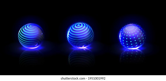 Energy bubble shields, protection force fields. Vector realistic set of safety power barrier, magic glass sphere with blue pattern and glow isolated on black background