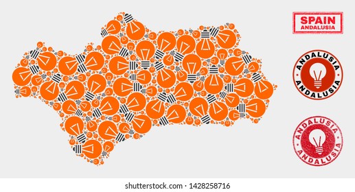 Energy bulb mosaic Andalusia Province map and grunge round stamps. Mosaic vector Andalusia Province map is composed with illumination bulb items. Abstraction for power supply business.