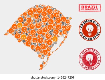 Energy bulb mosaic Rio Grande do Sul State map and grunge rounded seals. Mosaic vector Rio Grande do Sul State map is designed with power bulb icons. Concept for electric services.