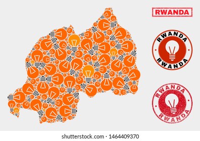 Energy bulb mosaic Rwanda map and grunge round stamp seals. Mosaic vector Rwanda map is created with electric bulb symbols. Templates for electric business. Orange and red colors used.
