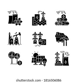 Energy business black glyph icons set on white space. Modern industrial power plants silhouette symbols. Traditional and alternative electricity generation stations. Vector isolated illustrations