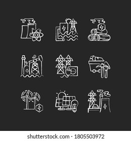 Energy business chalk white icons set on black background. Modern industrial power plants. Traditional and alternative electricity generation stations. Isolated vector chalkboard illustrations
