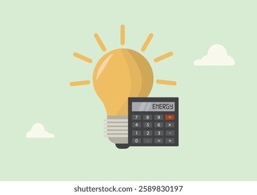 Energy Calculator with Lightbulb Efficiency Concept. glowing lightbulb with calculator display showing 'ENERGY', representing energy consumption calculation and efficiency. Vector illustration