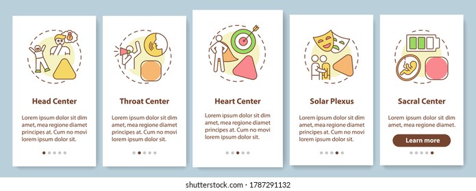 Energy center classification onboarding mobile app page screen with concepts. Human design system walkthrough 5 steps graphic instructions. UI vector template with RGB color illustrations