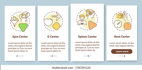 Energy center type onboarding mobile app page screen with concepts. Spiritual body channel. Human design walkthrough 5 steps graphic instructions. UI vector template with RGB color illustrations