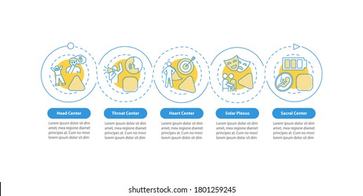 Energy centers vector infographic template. Human body channels presentation design elements. Data visualization with 5 steps. Process timeline chart. Workflow layout with linear icons