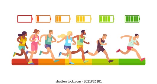 Energy charge. Level of accumulators, full, low and empty energy indicators, competition success measurement, marathon winners rating, activity meter, sprint results vector cartoon concept