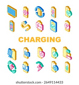 carregador de energia ícones do produto definir vetor. carregador powerbank, cabo do adaptador, sem fio, solar rápido, portátil, usb, doca da bateria energia carregando produto ilustrações sinal isométrico