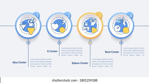 Energy circulation vector infographic template. Human body centers presentation design elements. Data visualization with 4 steps. Process timeline chart. Workflow layout with linear icons