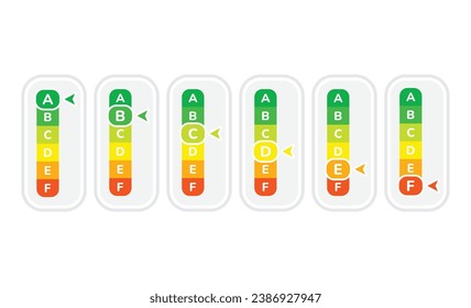 Energy class bar chart with arrow. Energy efficiency, a, b or c classification graph for appliances vector icon label set.