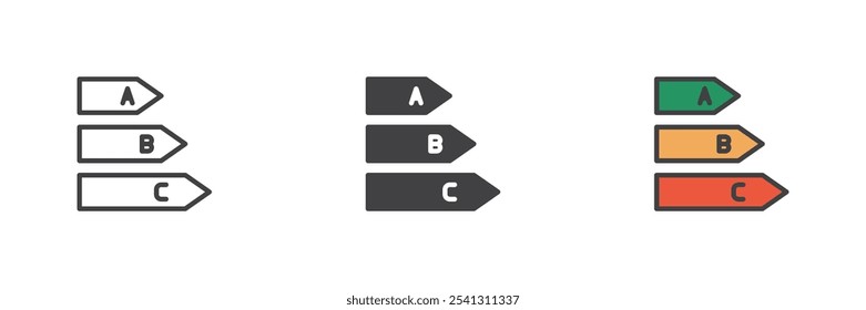 Energy Class different style icon set. Line, glyph and filled outline colorful version, outline and filled vector sign. Energy Efficiency Index symbol, logo illustration. Vector graphics