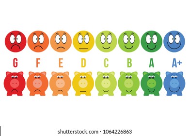 energy class efficiency scale savings of colorful piggy bank and smiley vector illustration