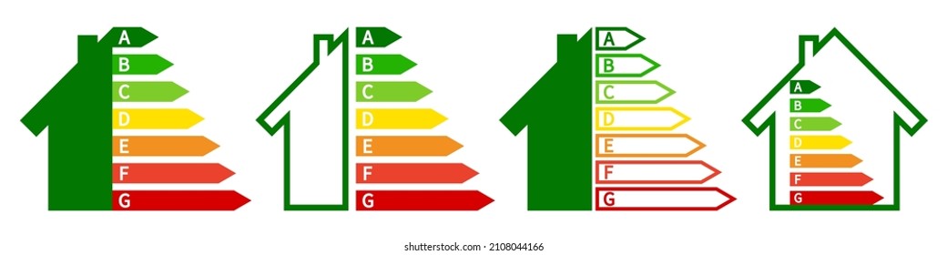 Clase energética de casa. Certificado de epc. Insignia de la economía, el desempeño y la eficiencia de la casa. Consumo económico de energía. Símbolo ecológico. Clasificación. Vector.