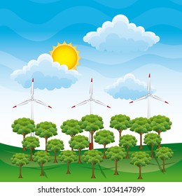 energy clean - landscape forest and wind turbines power