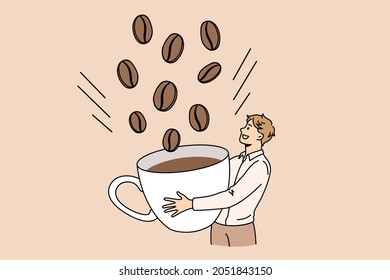 Energy coffee drink breakfast concept. Young smiling man cartoon character standing picking huge coffee beans to cup vector illustration 