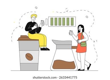 Energy from coffee. Man and woman near mug and teapot with coffee. Coffee break in office. Refreshing and invigorating hot drink. Latte and cappuccino. Linear vector illustration