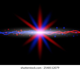 Efeito de colisão de energia. Feixes de luz vermelhos e azuis brilhantes se cruzando com partículas brilhantes, criando um visual futurista de alta energia