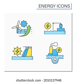 Energy color icons set. P2X, pumped storage, hydroelectric, geothermal power stations. Electricity generation concept. Isolated vector illustrations